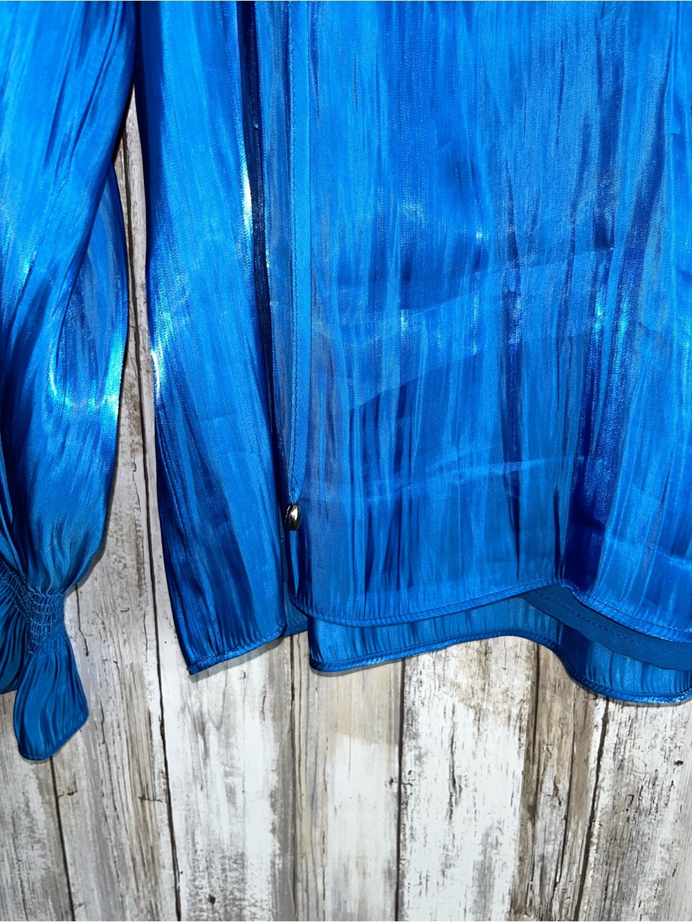 Entro Metallic Blue Blouse Size Large Shimmer Long Sleeve Boho Top - Picture 3 of 5